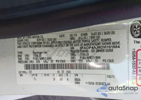 2013 Ford Fiesta S z USA, uszkodzony, nr VIN 3FADP4AJ9DM191664